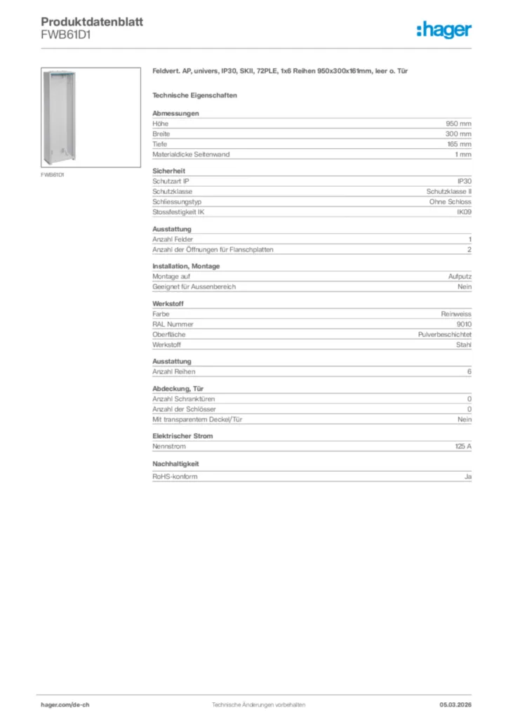 Bild Hager Produktdatenblatt FWB61D1 | Hager Schweiz