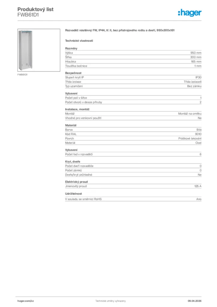 Obrázek Hager Product data sheet FWB61D1 | Hager