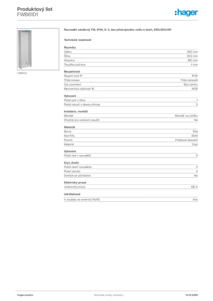 Obrázek Hager Produktový list FWB61D1 | Hager