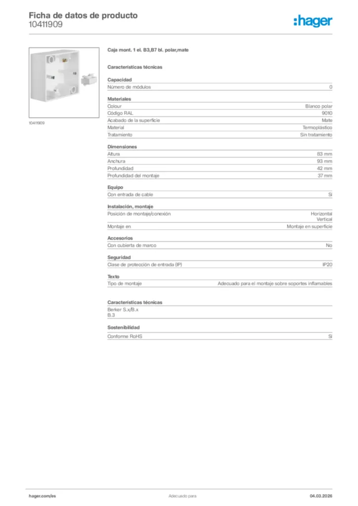 Imagen Hager Ficha de datos de producto 10411909 | Hager España