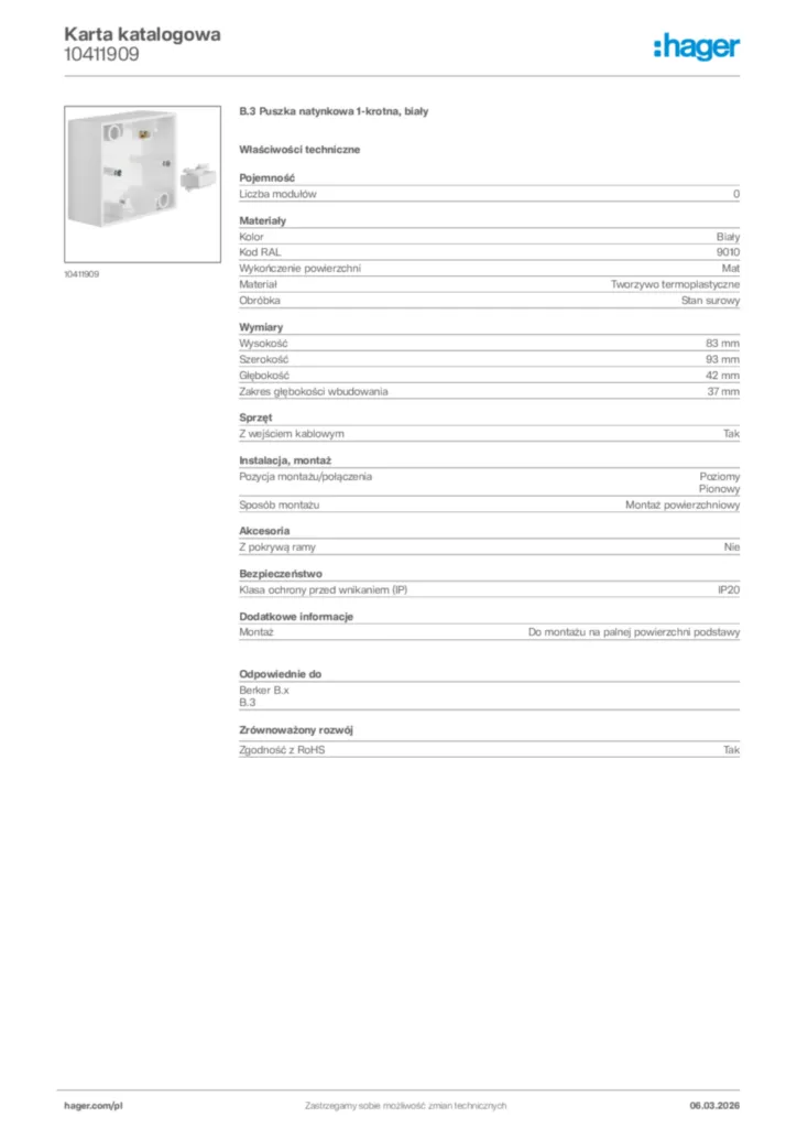 Zdjęcie Hager Karta katalogowa 10411909 | Hager Polska