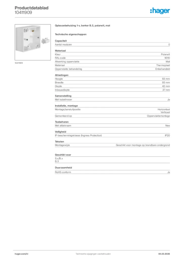 Afbeelding Hager Productdatablad 10411909 | Hager Nederland