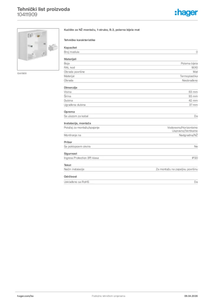 Slika Hager Tehnički list proizvoda 10411909  | Hager