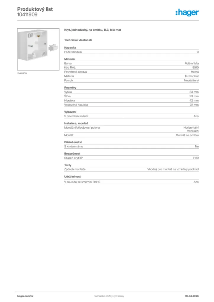 Obrázek Hager Product data sheet 10411909 | Hager