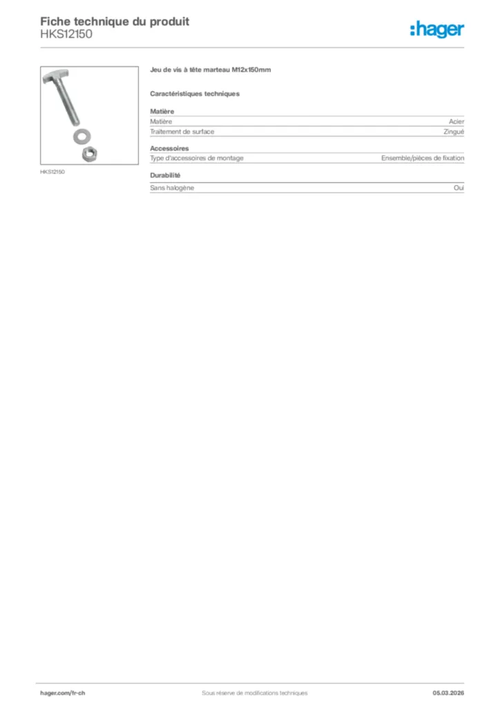 Image Hager Fiche technique du produit HKS12150 | Hager Suisse