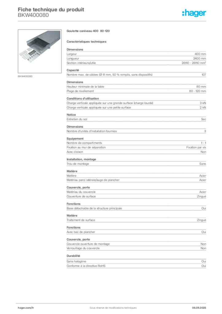 Image Hager Fiche technique du produit BKW400080 | Hager France