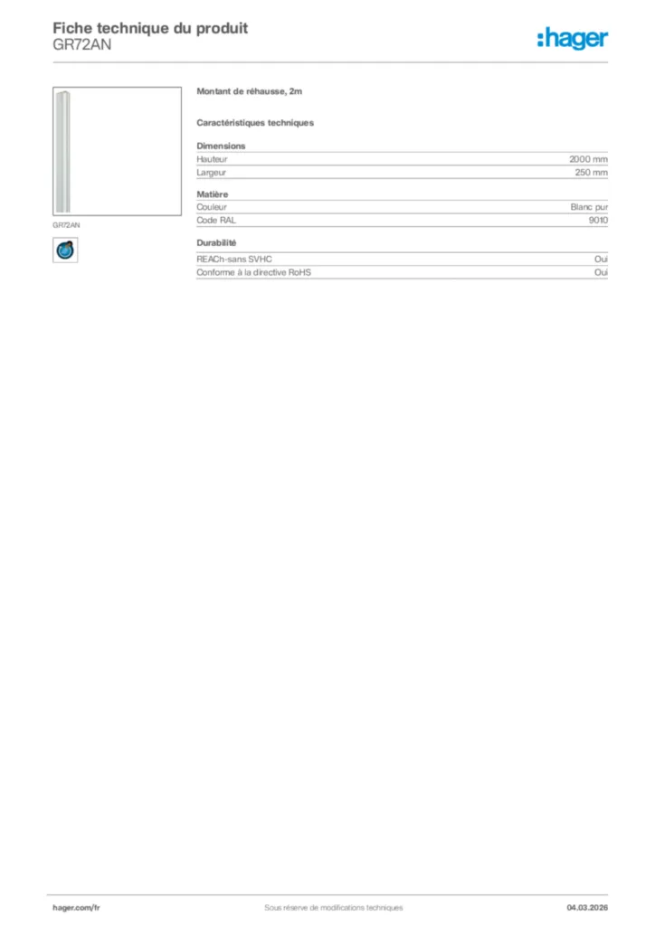 Image Hager Fiche technique du produit GR72AN | Hager France