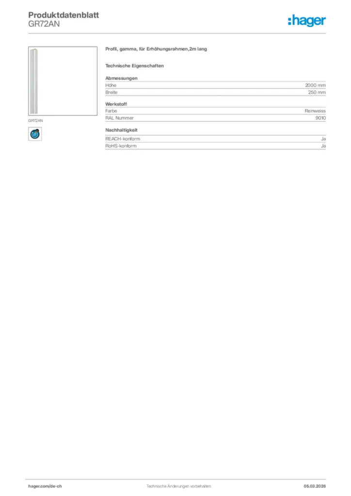 Bild Hager Produktdatenblatt GR72AN | Hager Schweiz