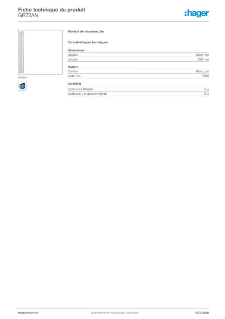 Image Hager Fiche technique du produit GR72AN | Hager Suisse