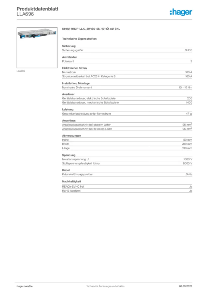 Bild Hager Produktdatenblatt LLA696 | Hager Deutschland
