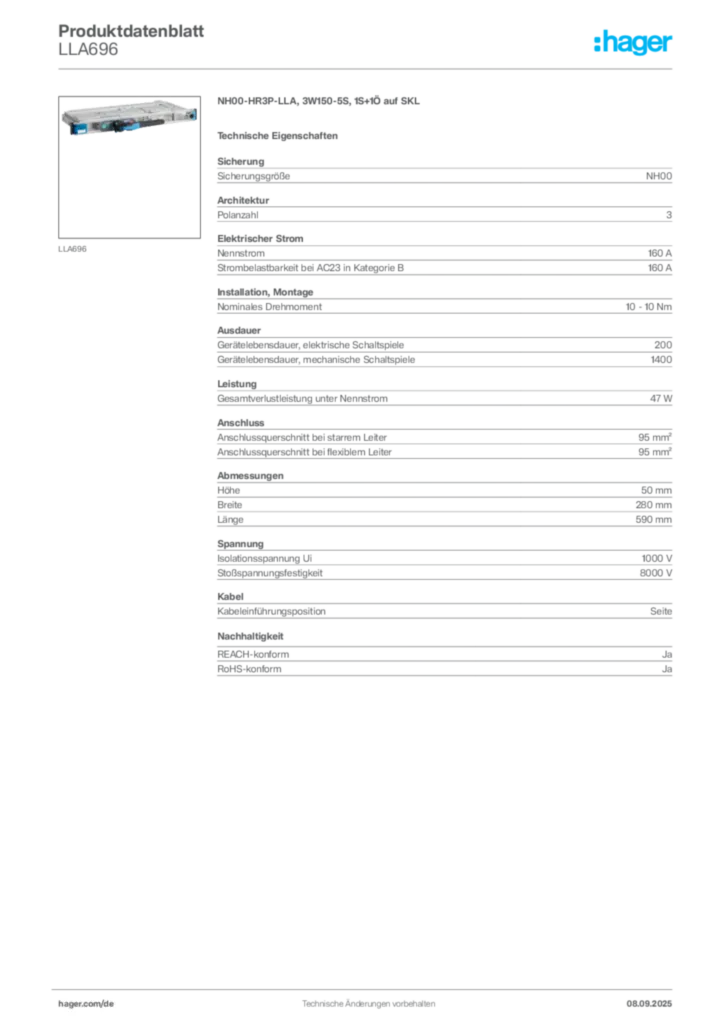 Hager Produktdatenblatt LLA696