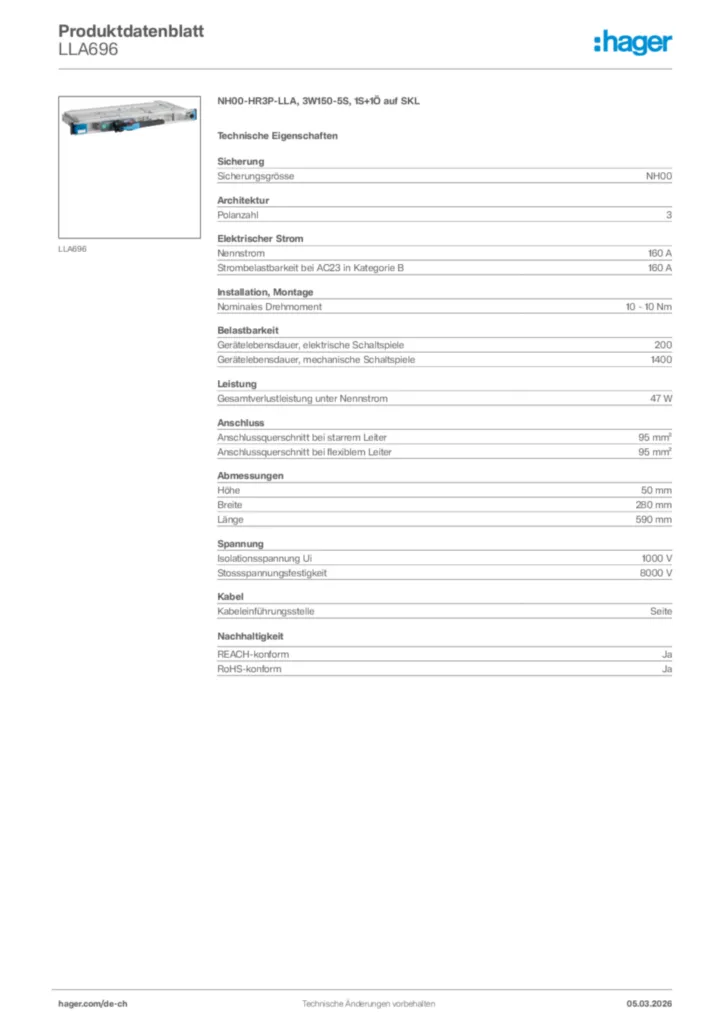 Bild Hager Produktdatenblatt LLA696 | Hager Schweiz