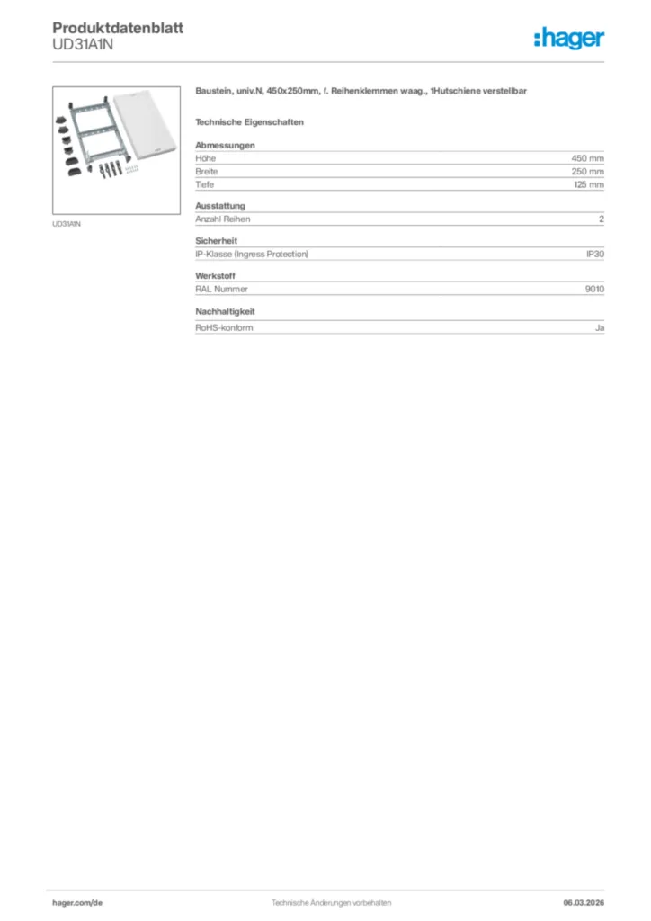 Bild Hager Produktdatenblatt UD31A1N | Hager Deutschland