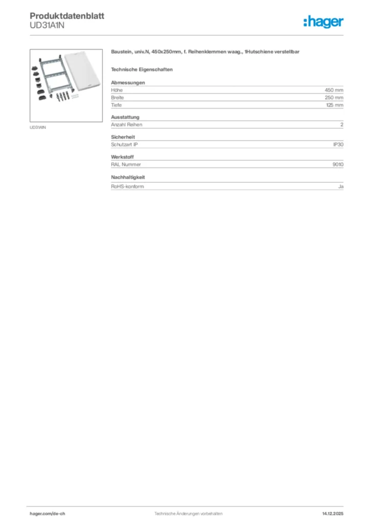 Bild Hager Produktdatenblatt UD31A1N | Hager Schweiz