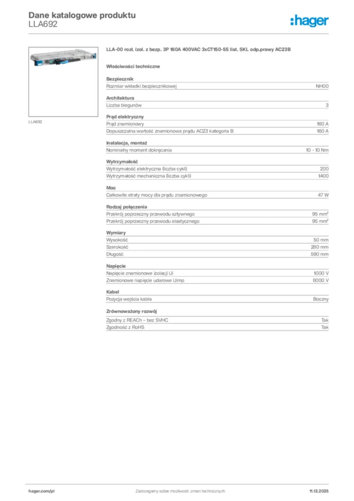Zdjęcie Hager Dane katalogowe produktu LLA692 | Hager Polska