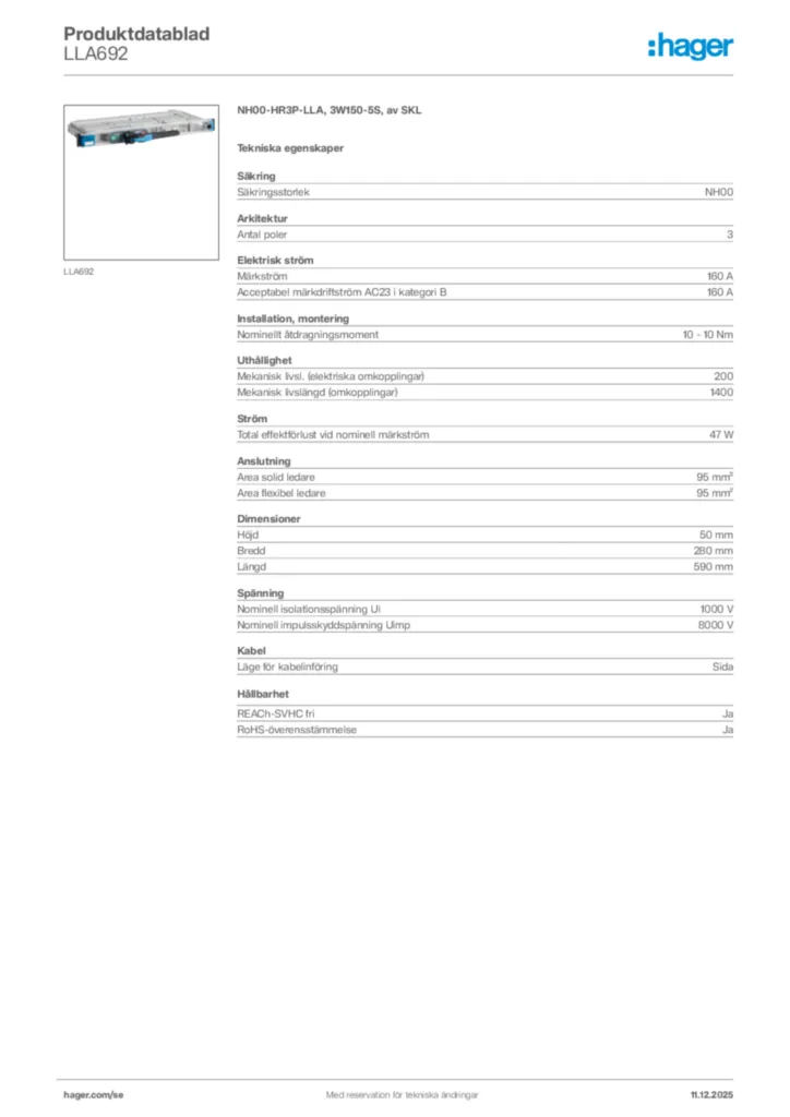 Bild Hager Produktdatablad LLA692 | Hager Sverige