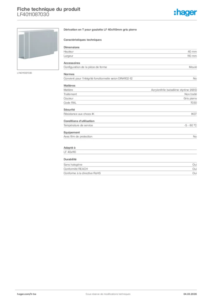Image Hager Fiche technique du produit LF4011087030 | Hager Belgique