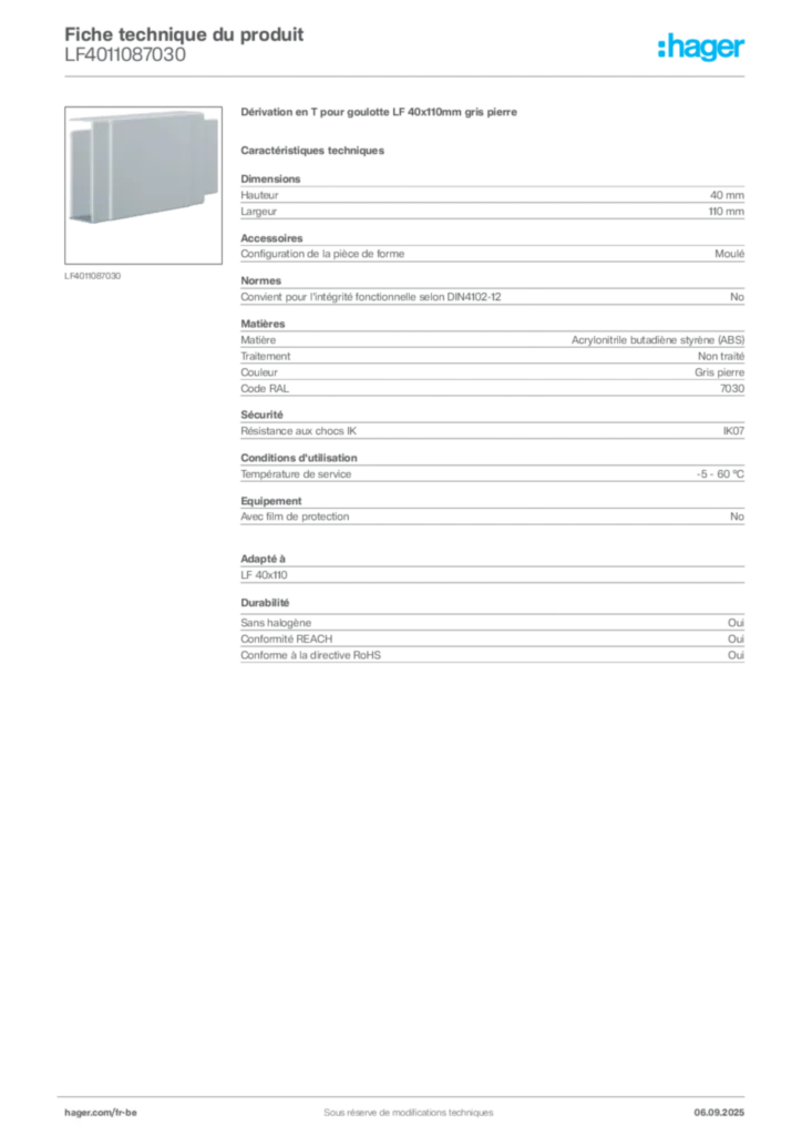 Image Hager Fiche technique du produit LF4011087030 | Hager Belgique