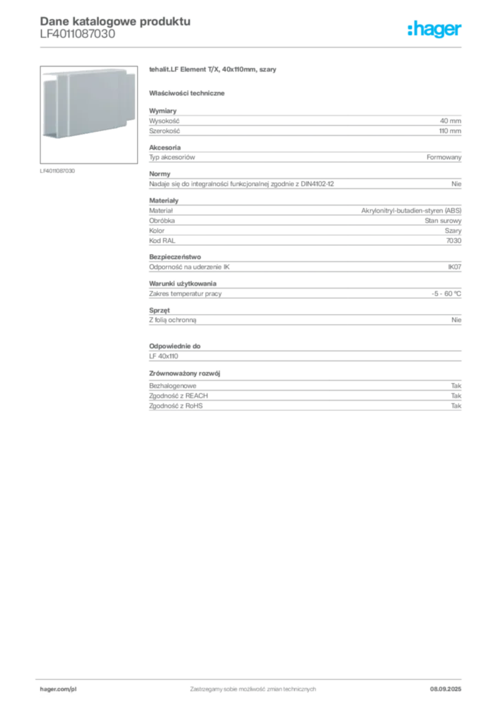 Zdjęcie Hager Dane katalogowe produktu LF4011087030 | Hager Polska