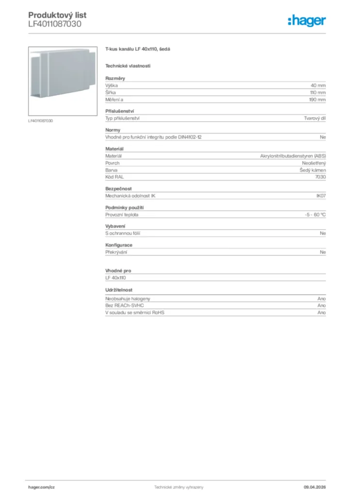 Obrázek Hager Product data sheet LF4011087030 | Hager