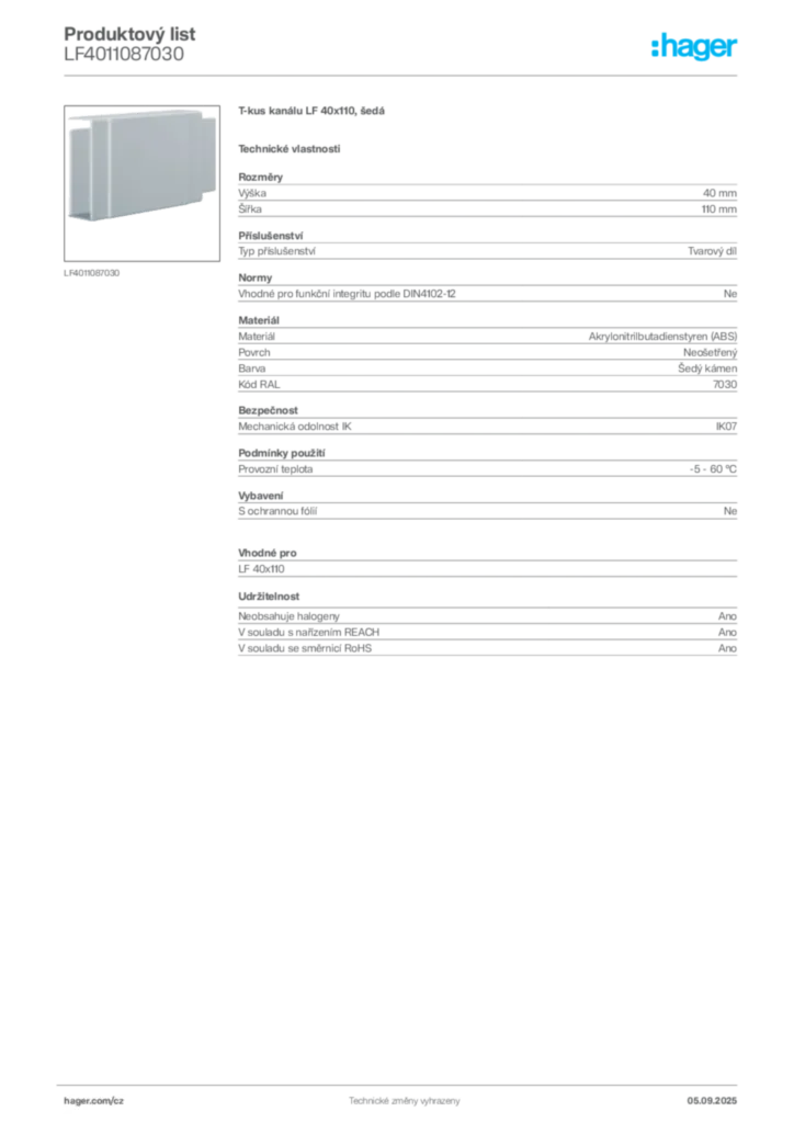 Obrázek Hager Produktový list LF4011087030 | Hager