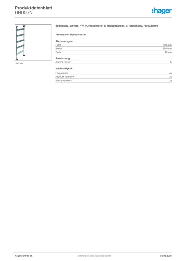 Bild Hager Produktdatenblatt UN05GN | Hager Schweiz