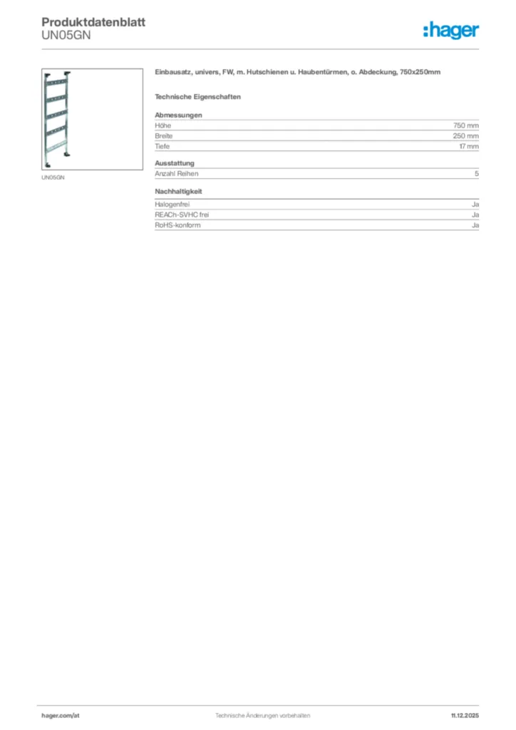 Bild Hager Produktdatenblatt UN05GN | Hager Deutschland