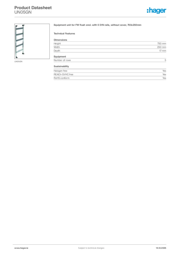 Image Hager Product data sheet UN05GN  | Hager