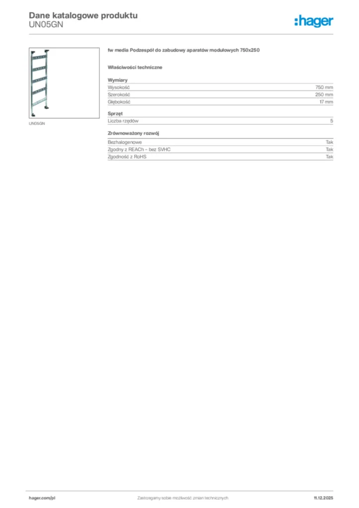 Zdjęcie Hager Dane katalogowe produktu UN05GN | Hager Polska
