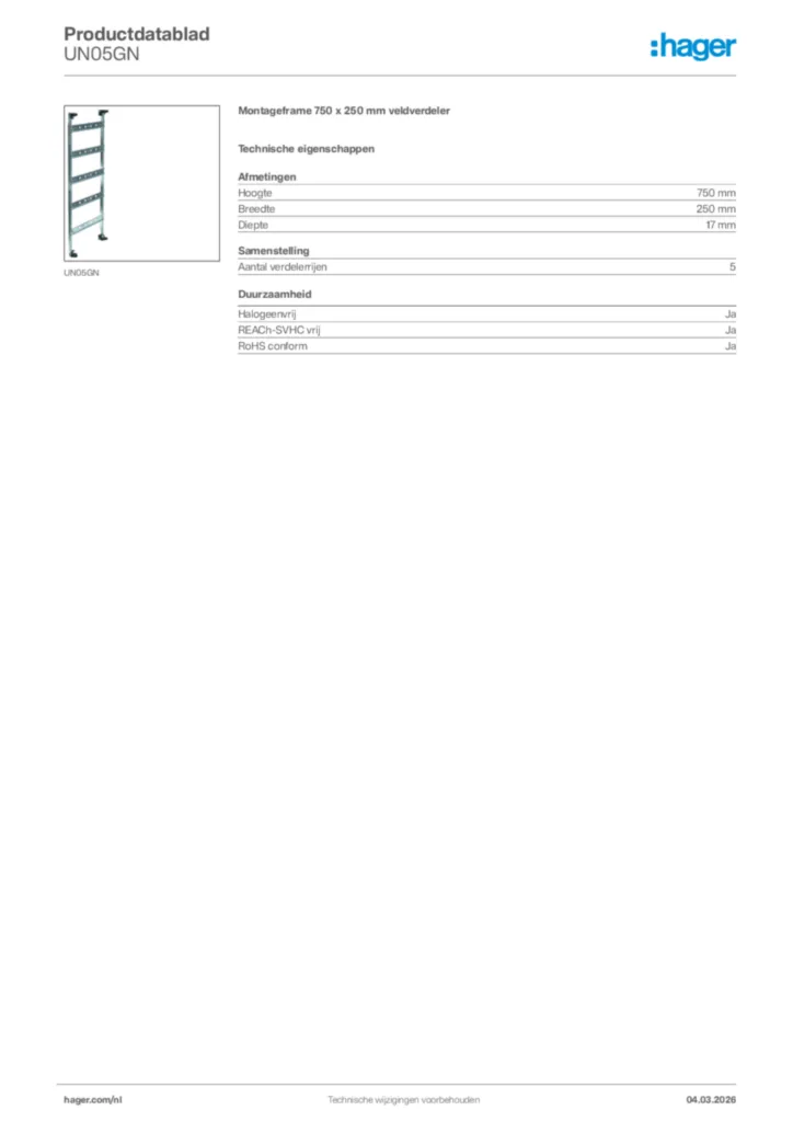 Afbeelding Hager Productdatablad UN05GN | Hager Nederland