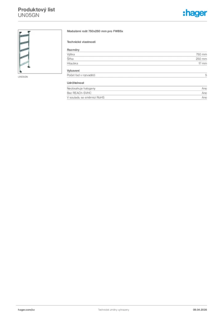 Obrázek Hager Product data sheet UN05GN | Hager
