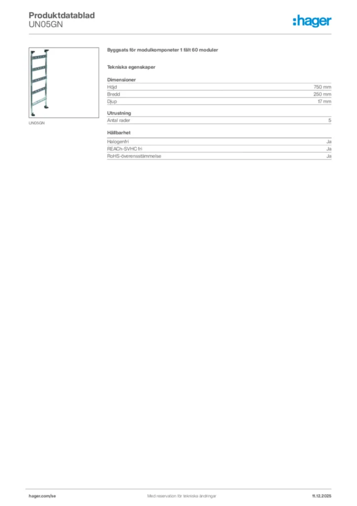 Bild Hager Produktdatablad UN05GN | Hager Sverige