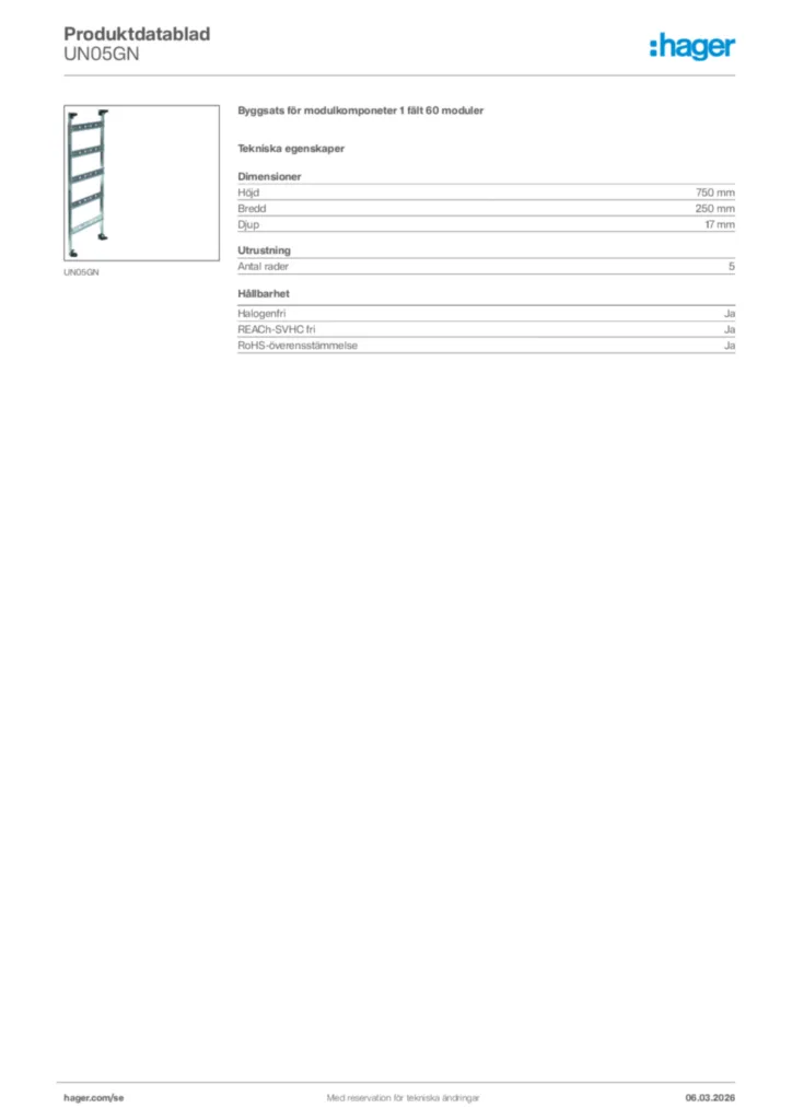 Bild Hager Produktdatablad UN05GN | Hager Sverige