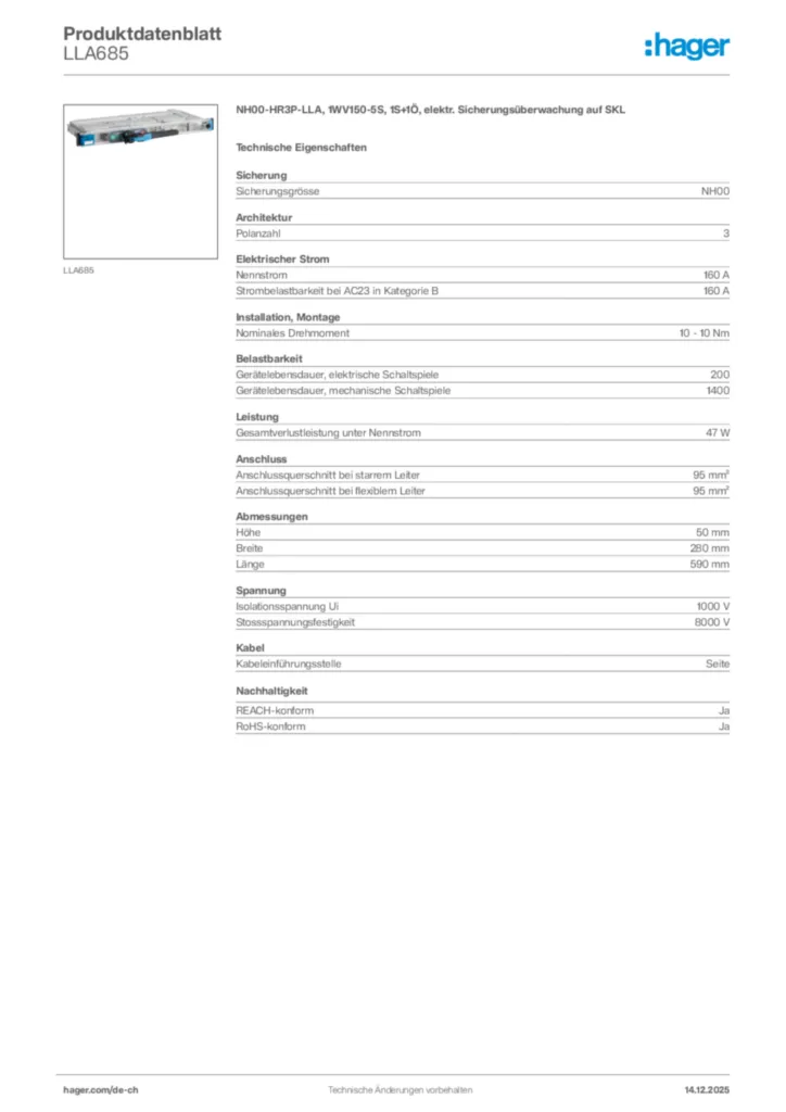 Bild Hager Produktdatenblatt LLA685 | Hager Schweiz
