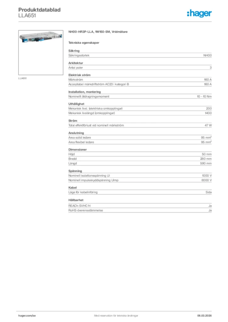Bild Hager Produktdatablad LLA651 | Hager Sverige