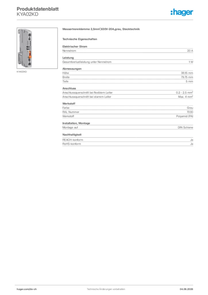 Bild Hager Produktdatenblatt KYA02KD | Hager Schweiz