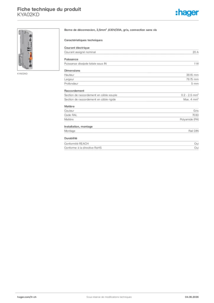 Image Hager Fiche technique du produit KYA02KD | Hager Suisse
