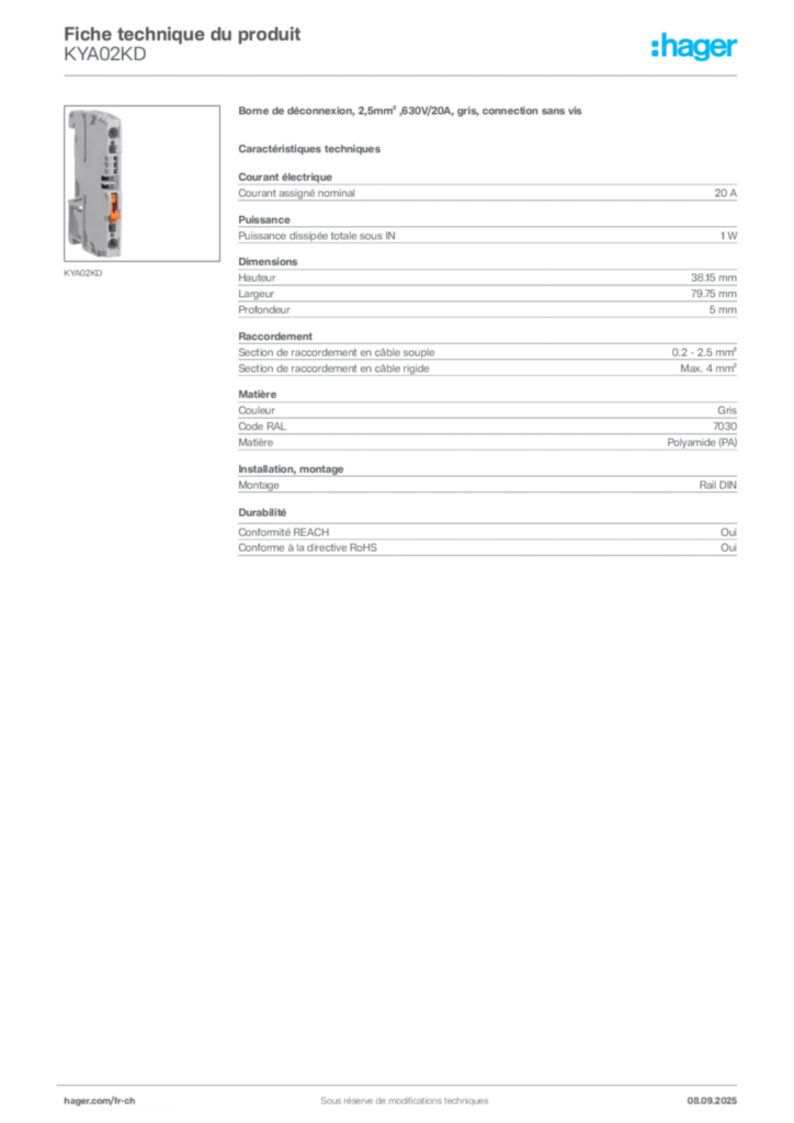 Image Hager Fiche technique du produit KYA02KD | Hager Suisse