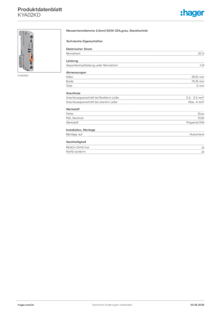 Bild Hager Produktdatenblatt KYA02KD | Hager Deutschland
