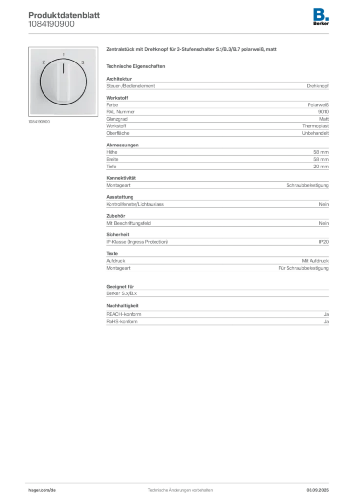 Bild Berker Produktdatenblatt 1084190900 | Hager Deutschland