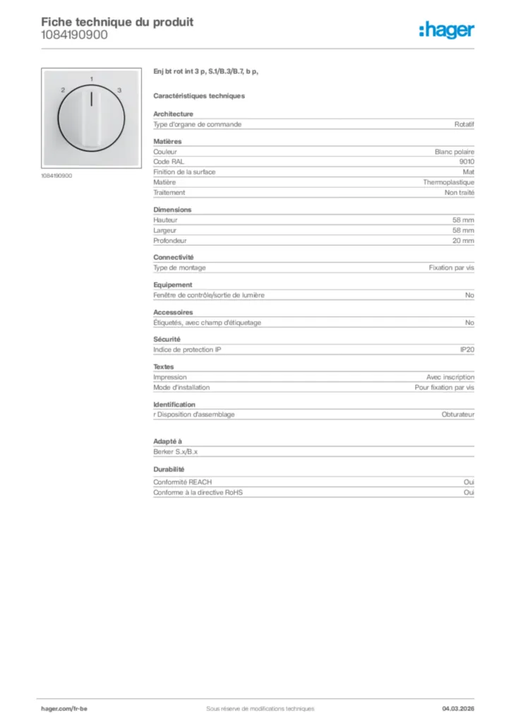 Image Hager Fiche technique du produit 1084190900 | Hager Belgique