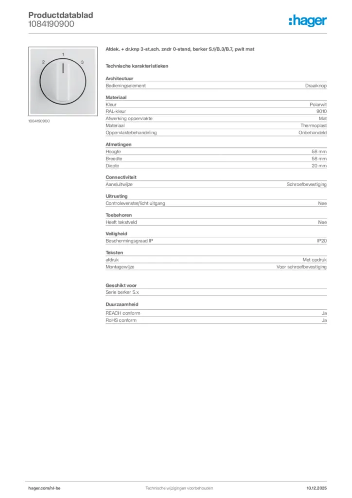 Afbeelding Hager Productdatablad 1084190900 | Hager Belgium