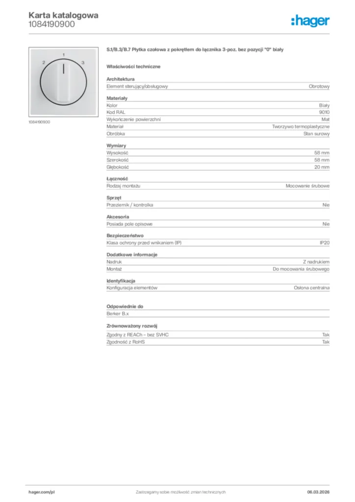 Zdjęcie Hager Karta katalogowa 1084190900 | Hager Polska