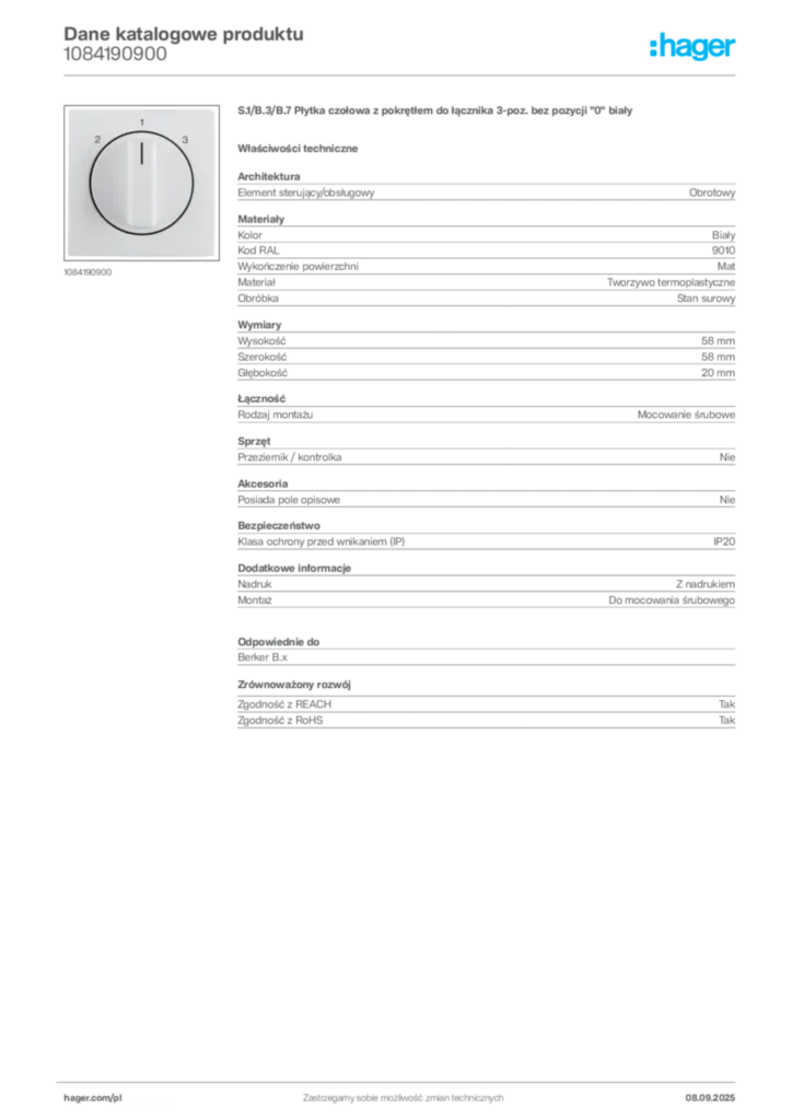 Zdjęcie Hager Dane katalogowe produktu 1084190900 | Hager Polska