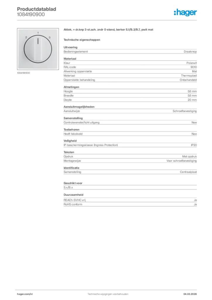 Afbeelding Hager Productdatablad 1084190900 | Hager Nederland