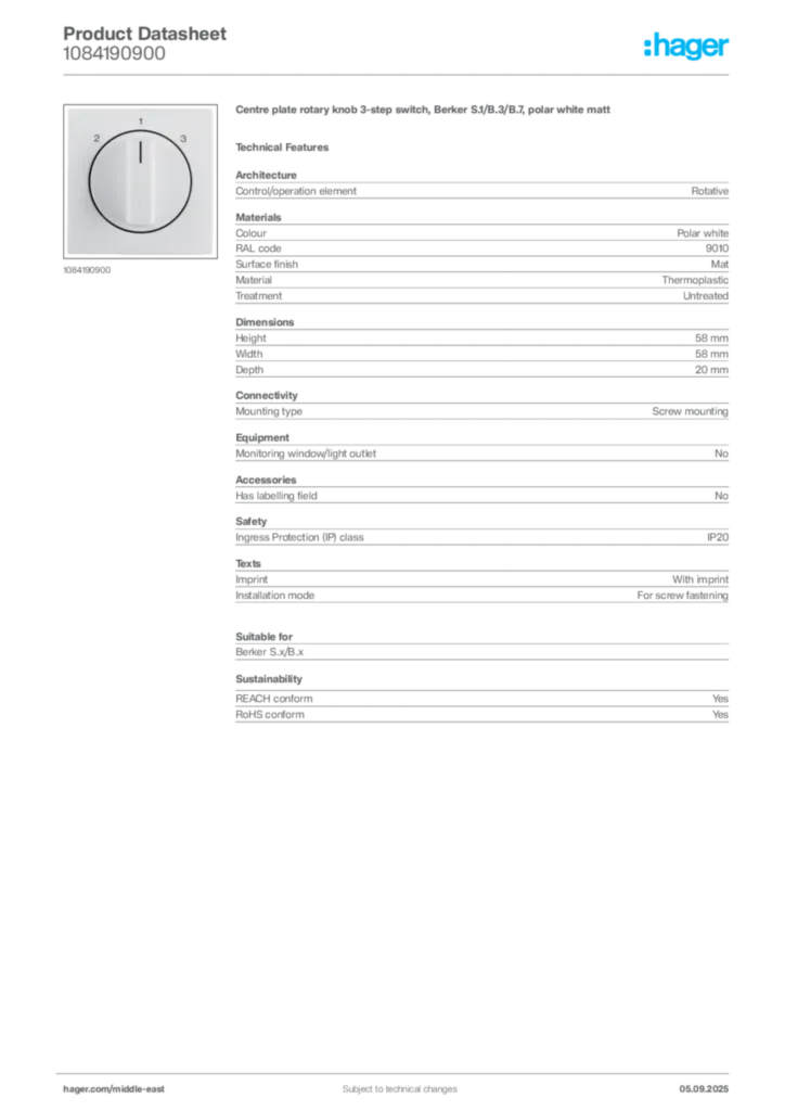 Image Hager Product data sheet 1084190900  | Hager