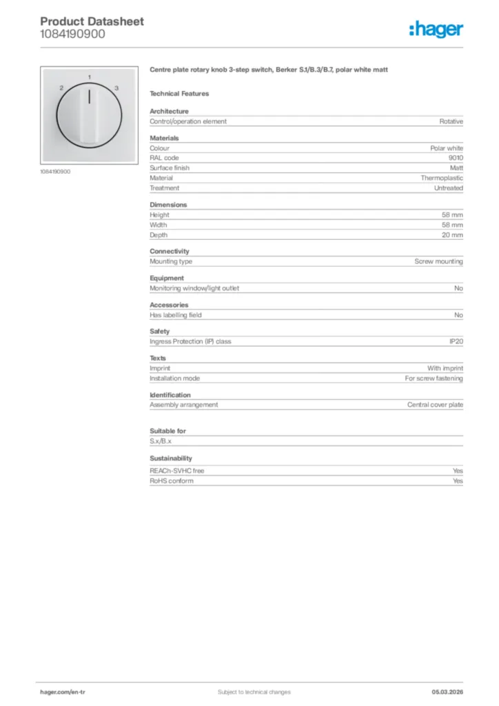 Image Hager Product data sheet 1084190900  | Hager