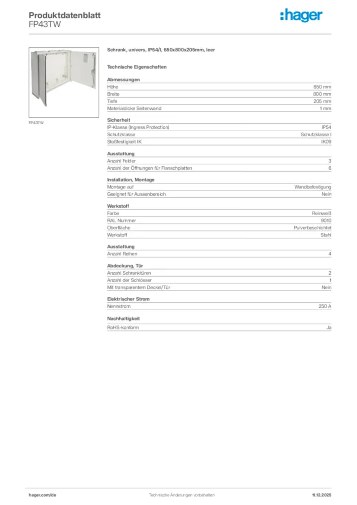 Bild Hager Produktdatenblatt FP43TW | Hager Deutschland