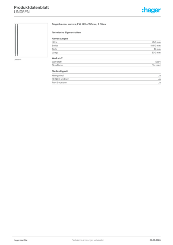 Bild Hager Produktdatenblatt UN05FN | Hager Deutschland