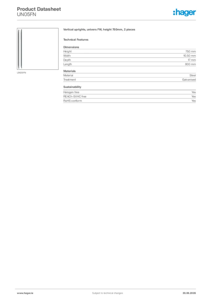 Image Hager Product data sheet UN05FN  | Hager